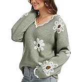 Womens V Neck Floral Knit Sweater, Soft Fuzzy Long Sleeve Pullover with Scalloped Trim Trendy Casual