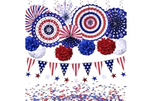WEMEMORN 4th of July Patriotic Decorations Set- Fourth of July American Flag Party Supplies, Red White Blue Paper Fans, Hanging Swirls, Star Streamer, Paper Flower Balls, USA Flag Pennant Bunting Party Favors