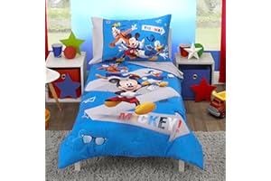 Disney Mickey Mouse and Pals 4 Piece Toddler Bedding Set - Fitted Sheet, Pillow Case, Top Sheet, and Comforter Quilt - Blue