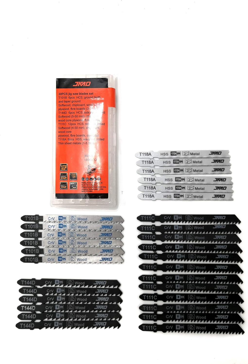 JMD 30-Piece T101B T144D T111C T118A Jigsaw Blade Set Metal Wood Jig Saw Blades for Cutting Metal Wood Compatible with Bosch Dewalt Milwaukee etc