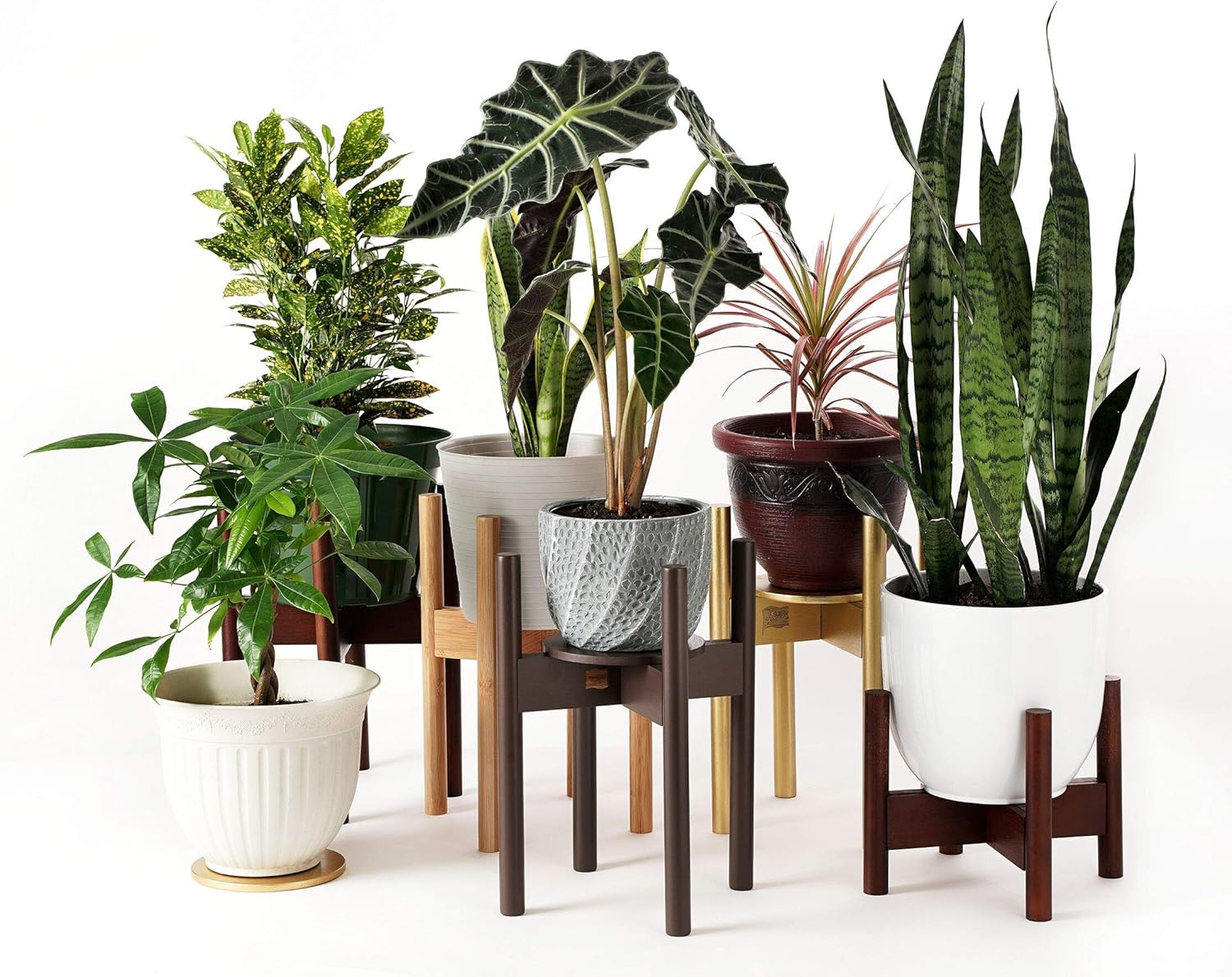 ZPirates Plant Stand for Indoor Plants - Planter Tray Included - Adjustable Size Fits 8 9 10 11 12 Inches Plant Pots - Mid Century Modern Plant Decor - Brown-Bronze Bamboo Wood : Garden & Outdoor