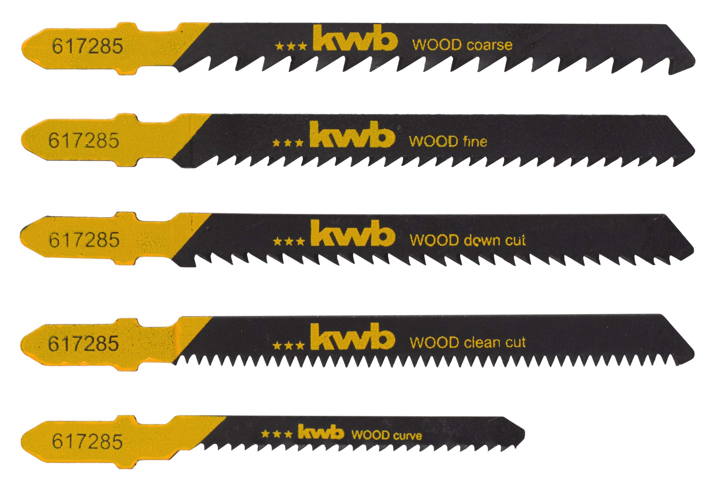 kwb 5-piece Wood Jigsaw Blade Set for Coarse, Fine, and Clean Cuts with T-Shank S-20, Single Shank