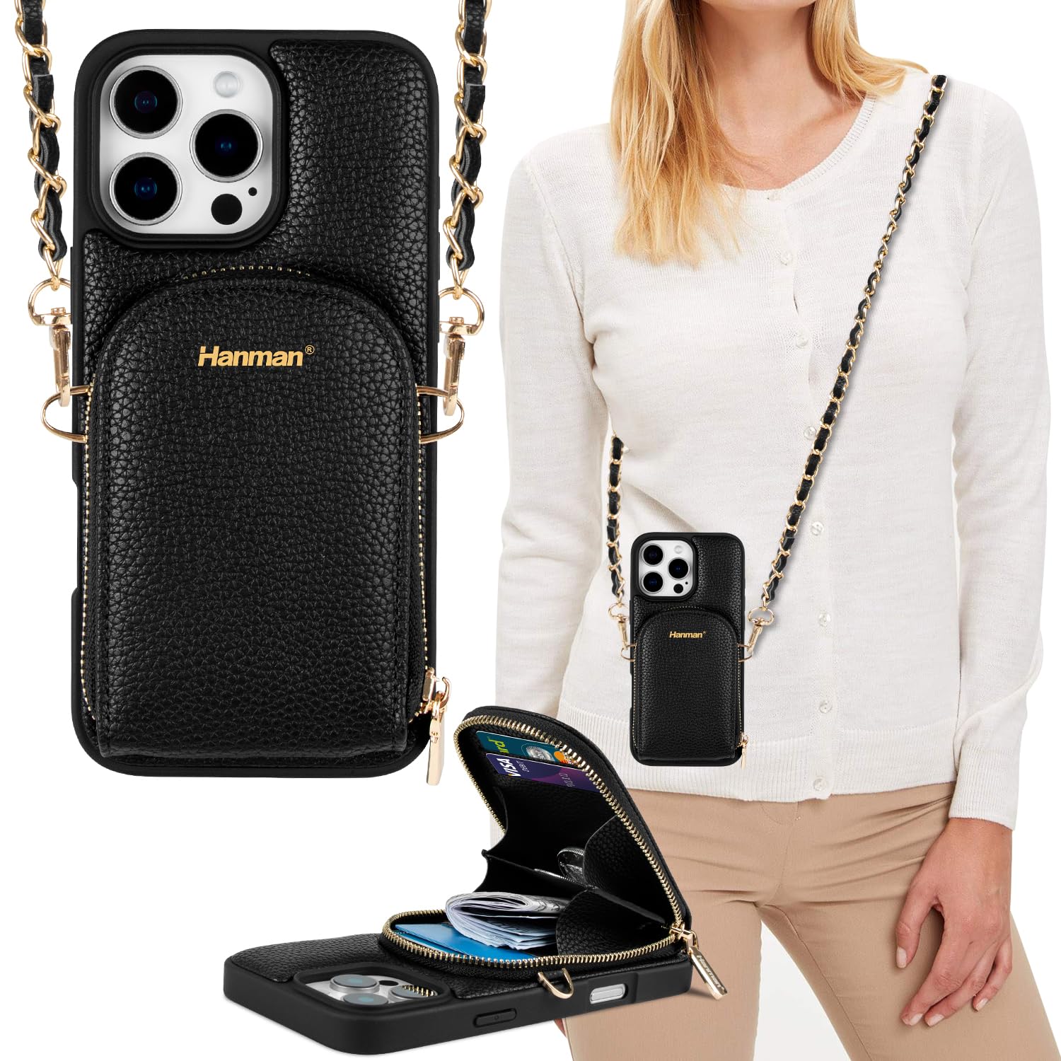 Photo 1 of Hanman Crossbody Wallet Case for iPhone 16 Pro Max,RFID Blocking PU Leather Zipper Handbag Purse Cover Suitable for iPhone 16 Pro Max,Leather Wallet Case for Woman & Girls-Black