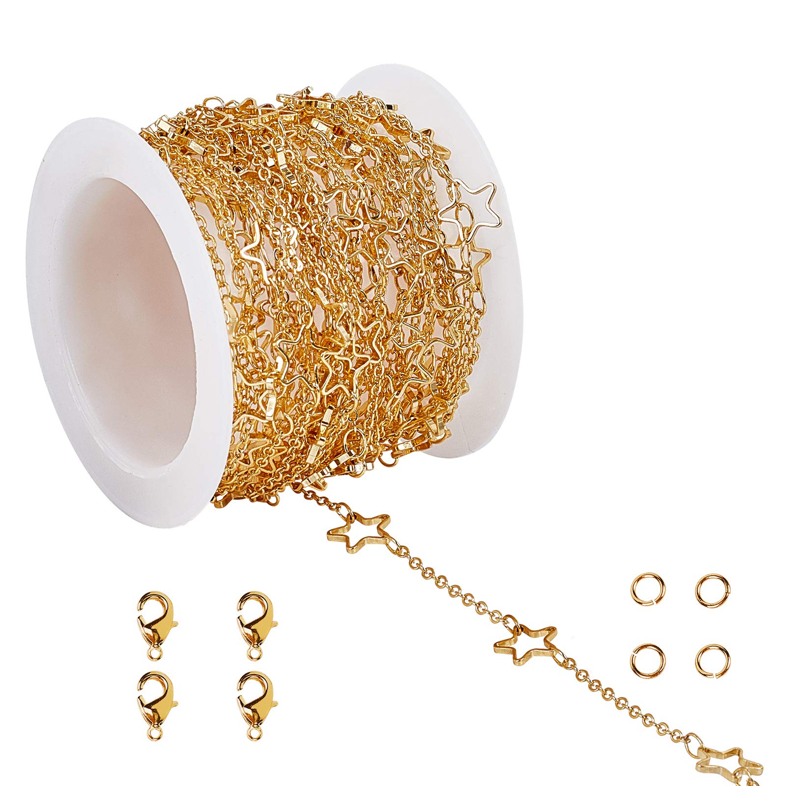 CHGCRAFT 16.4Feet Brass Star Link Chains Real 18K Gold Plated Soldered Cable Chains with Spool Lobster Claw Clasps and Open Jump Rings for Bracelet Necklace Jewelry Making