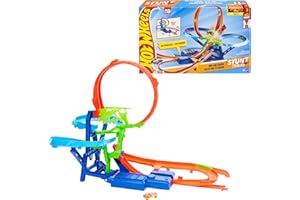 Hot Wheels Jeu de piste de voiture jouet, piste de cascade en milieu de vol avec échelle 1:64, voiture jouet moulée sous pres