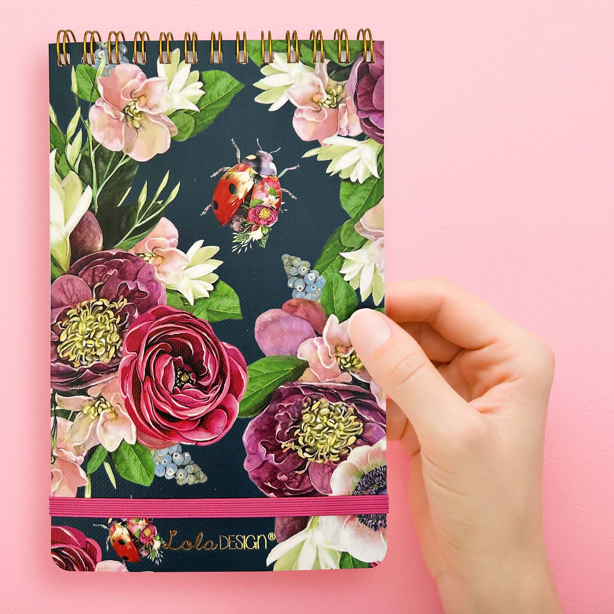 Lola Design - Top Spiral Notepad with Elastic Closure, Ladybird Pattern - Perfect for Jotting Down Notes, Shopping Lists, Reminders - 185x120x10mm, 150 Tear-off Pages