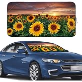 Gven Sun Shade for Car Windshield, Foldable Sunflower Vehicle Sun Visor for Car Windshield Sun Shade Heat Reduction Blocks UV Rays Fits Small Sedans, Mini SUVs, Hatchbacks (Sunflower, L)