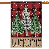 Welcome Red Buffalo Plaid Christmas Trees Garden Flag 28 x 40 Inch Vertical Double Sided Buffalo Plaid Red Holiday Yard Outside Xmas Decor House Flag