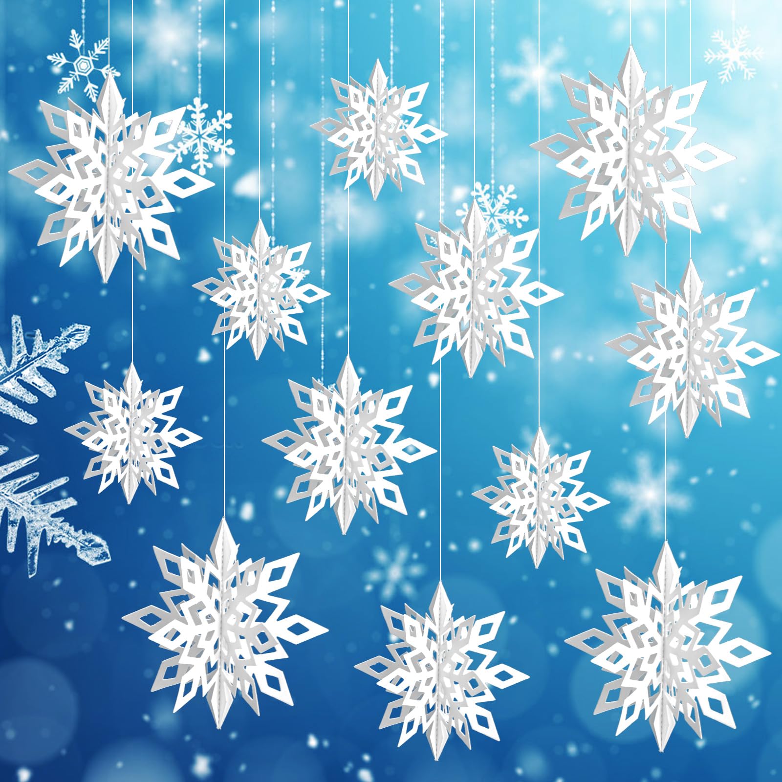 Photo 1 of 12 Pcs Hanging Snowflakes, Winter Christmas Garland Snowflakes Ornaments 3D Hanging Snowflakes Xmas Paper Snowflakes Hanging for Christmas Party Decoration (White)