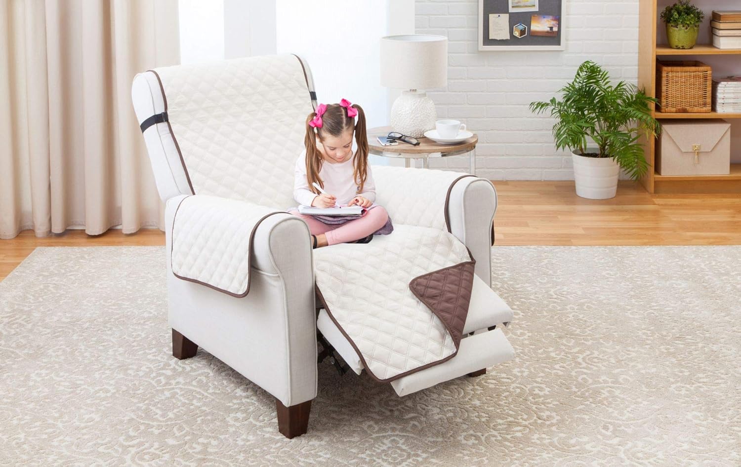 Microfiber Recliner Quilted Reversible Chair Arm Cover Protector Coffe