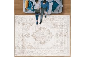 ZOMFY Area Rug 8x10 Vintage Rug: Large Washable Indoor Medallion Rugs Low Pile Distressed Floor Carpet Retro Accent Rug for Living Room Bedroom Kitchen Dining Table Home Office(Beige, 8'x10')