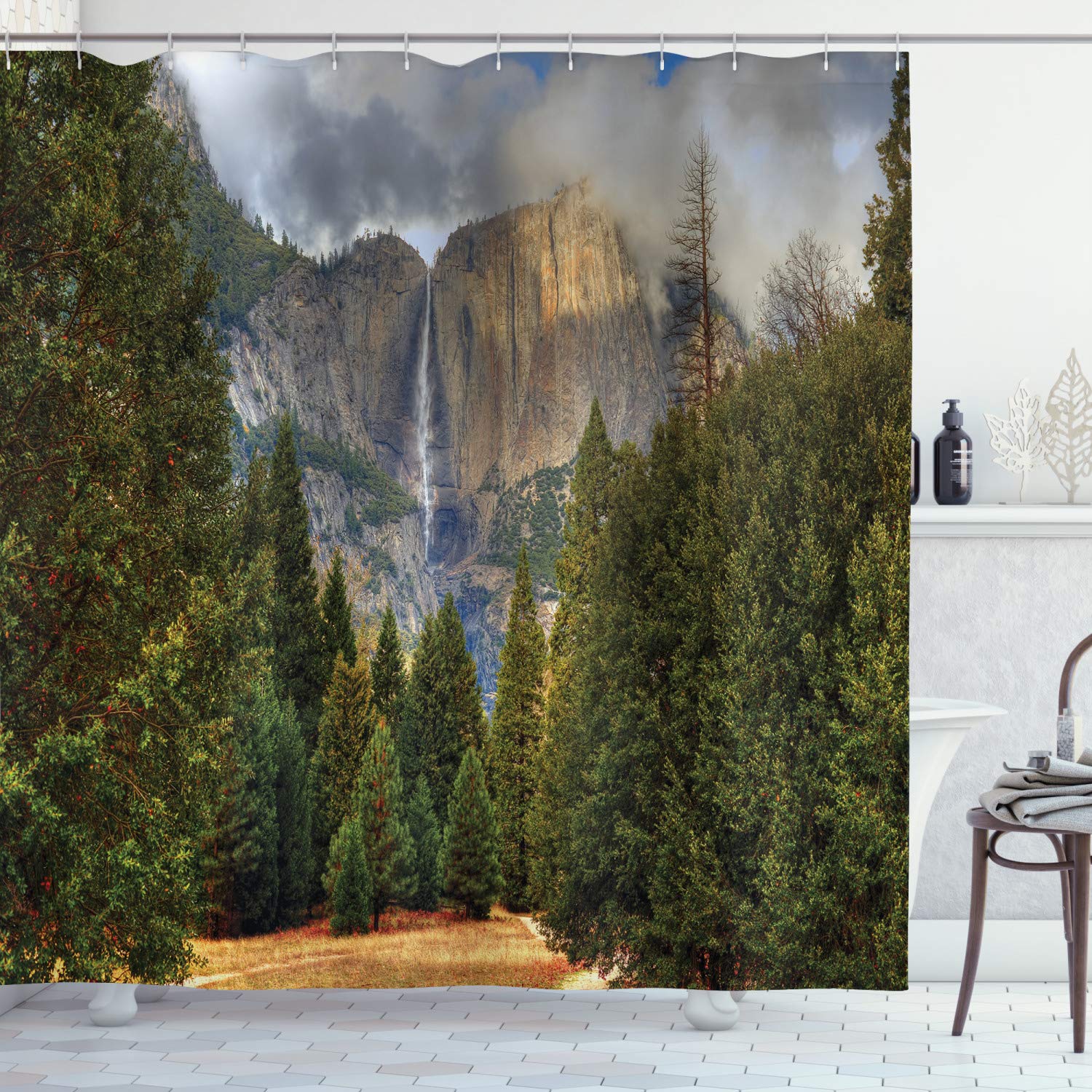 ABAKUHAUS Yosemite Shower Curtain, Yosemite Falls Evergreen Forest Fall Season Scenery Yosemite National Park Print, Cloth Fabric Bathroom Decor Set with Hooks, 86 Inches Extra Long, Green Grey