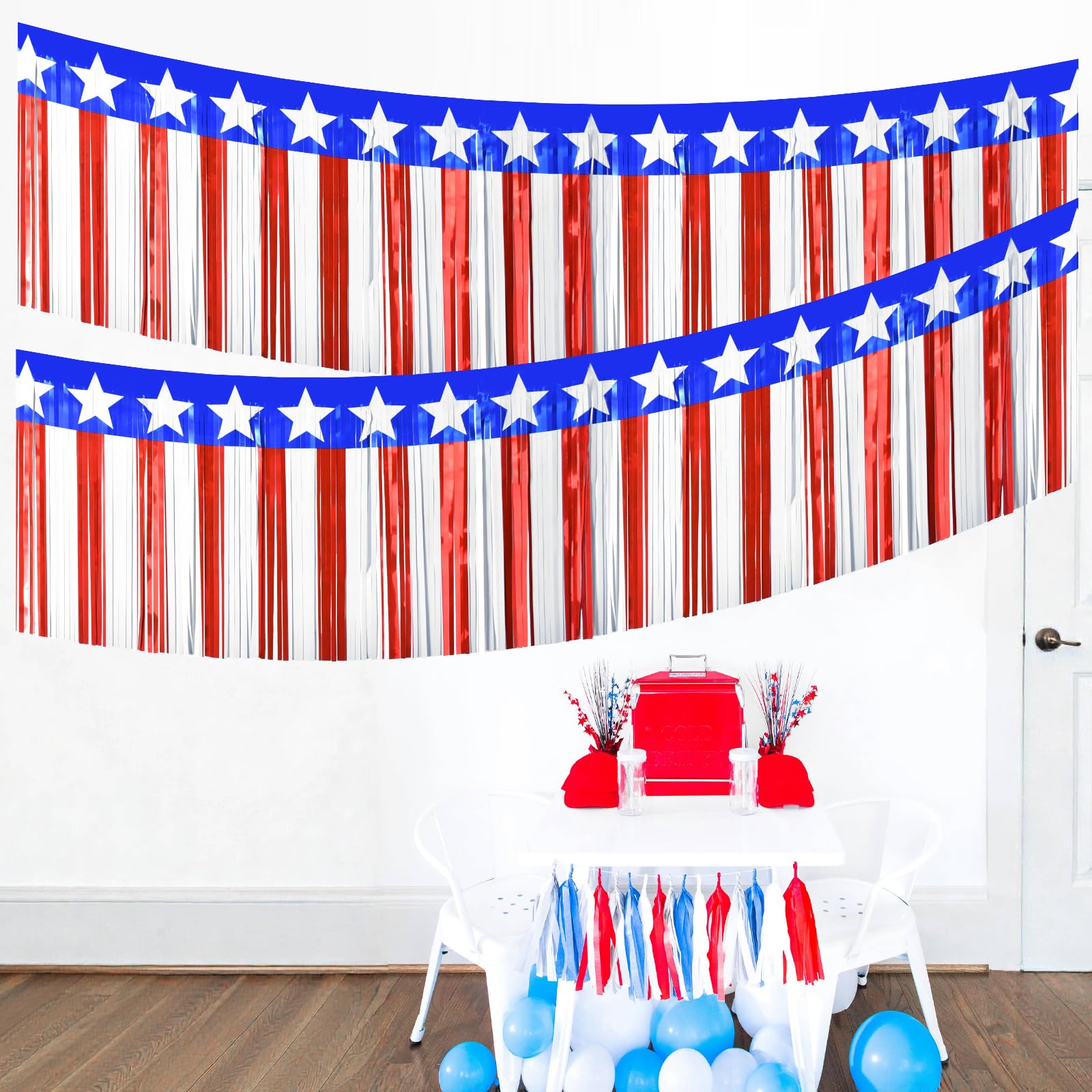 Photo 1 of 2 Strings Total 39.4 ft Patriotic Tinsel Garland – Each 19.7ft Red White and Blue Stars Fringe Garland for 4th of July, Memorial Day, Parade Float, and Party Decorations