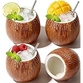 LINALL 4 Pack 17 oz Ceramic Tiki Mugs &ndash; Hawaiian Coconut Cocktail Glasses for Mai Tai &amp; Pina Colada, Durable Tiki Drinking Cups, Perfect Party &amp; Gift Barware Set