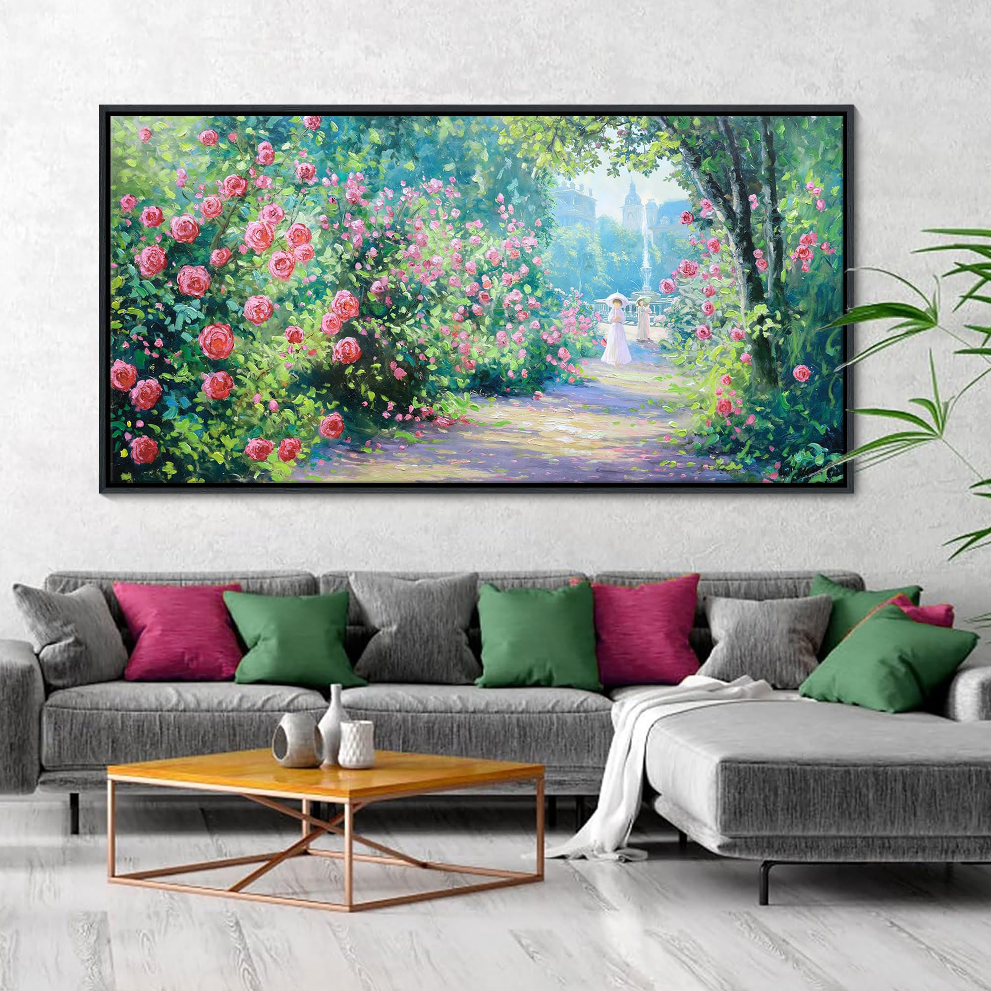 Photo 1 of CHATYOUNG Large Framed Wall Art - Pink Flowers Green leaves Dream Landscape Canvas Painting Vintage Spring Wall Picture for Living Room Bedroom Bathroom Kitchen Home Decor Gifts for Women 29"X58"