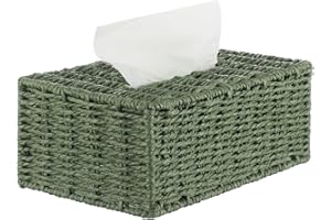 Acellegic 1 Pack Sage Green Tissue Box Cover Rectangle Tissue Cube Box Holder with Storage Handwoven Paper Rope Braiding Deco