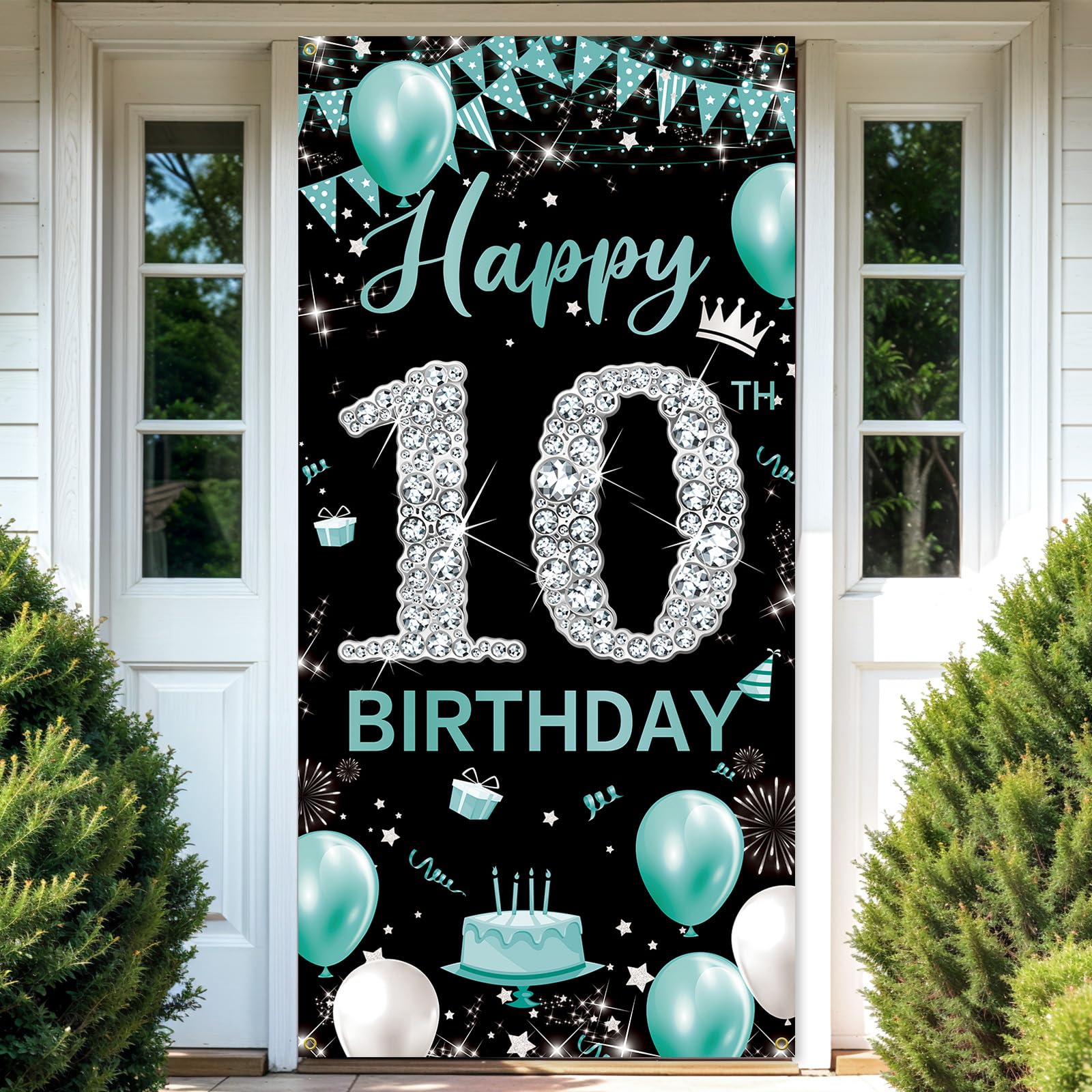Photo 1 of 10th Birthday Banner Teal Blue Silver, Happy 10th Birthday Decoration for Girls, Fabric Turquoise 10 Year Old Birthday Party Yard Sign Photo Booth Props Door Backdrop Decor, Indoor Outdoor