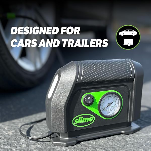 SLIME 40050 TIRE INFLATOR, PORTABLE CAR AIR COMPRESSOR, WITH ANALOG 100 PSI DIAL GAUGE, LONG HOSE AND LED LIGHT, 12V, 8 MIN INFLATION