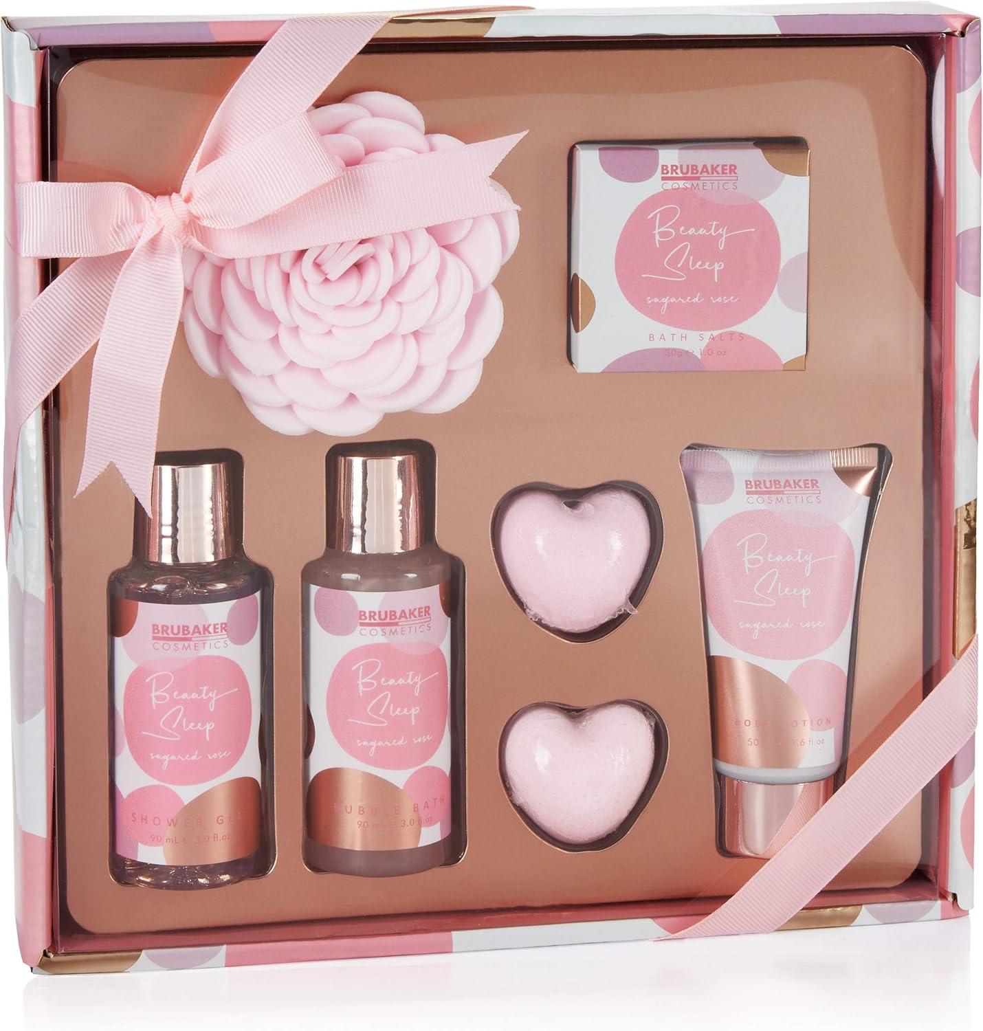 BRUBAKER Cosmetics Bath and Shower Set Beauty Sleep Sugared Rose, Rose Fragrance, 7-Piece Gift Set