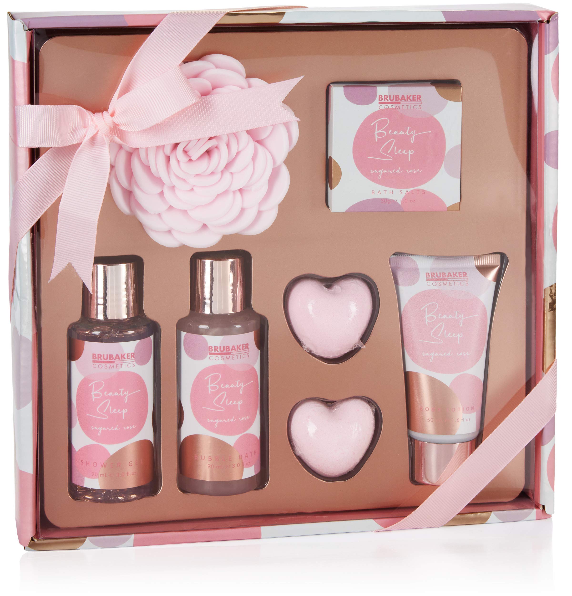 BRUBAKER Cosmetics Bath and Shower Set Beauty Sleep Sugared Rose - Rose Fragrance - 7-Piece Gift Set - Present for Every Occasion - Pink Rose Gold