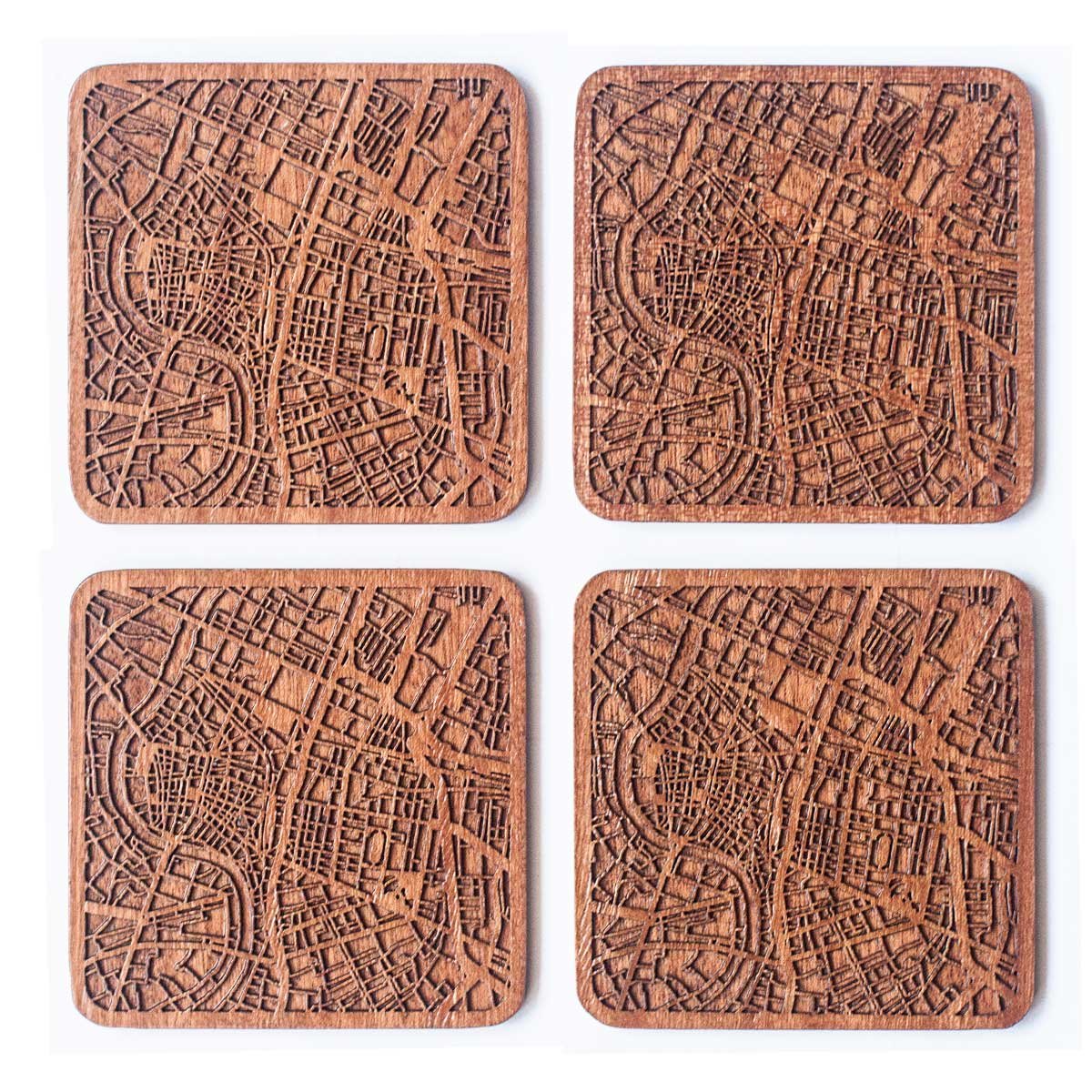 Bangkok Map Coaster, Set of 4, Sapele Wooden Coaster with City map, Multiple City Optional, Handmade
