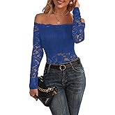 WDIRARA Women's Floral Lace Off The Shoulder Sheer Mesh Short Sleeve Top T Shirt Black