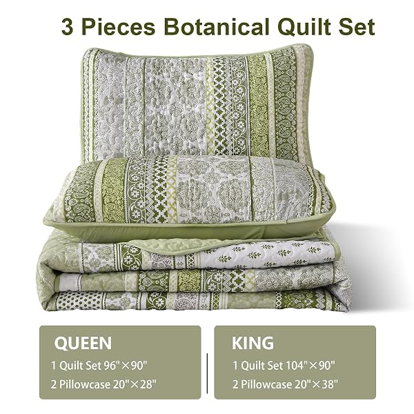 WONGS BEDDING BOHO QUILT SET QUEEN SIZE, SAGE GREEN BOHEMIAN 3 PIECES QUILT SETS, LIGHTWEIGHT BEDSPREAD COVERLET BEDDING SET FOR ALL SEASON (96″X90″)