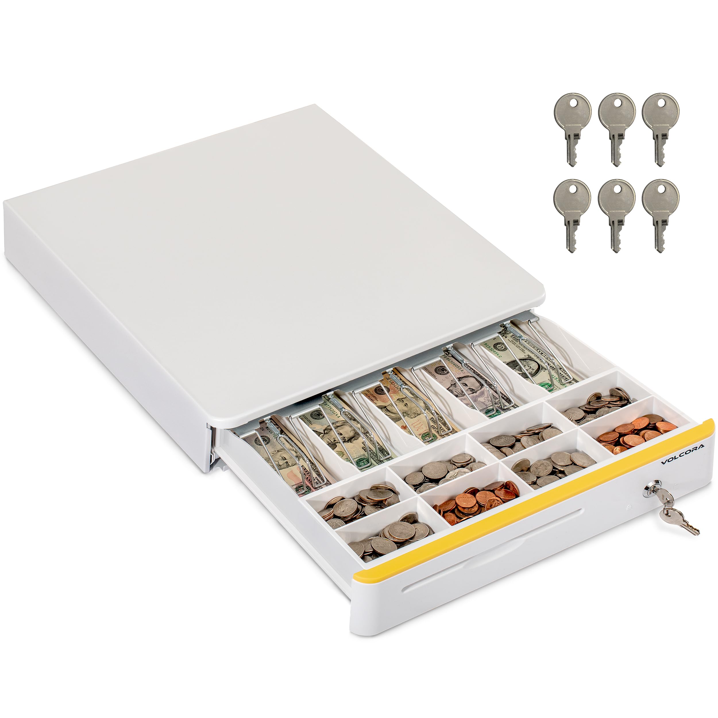 Volcora Cash Register Drawer for Point of Sale POS System with Round Corners 16", Removable Coin Tray, 5 Bill 8 Coin, 24V RJ11/12 Key-Lock Media Slot, Money Drawer for Business, Yellow Bar/White Image Volcora Cash Register Drawer for Point of Sale POS System with Round Corners 16", Removable Coin Tray, 5 Bill 8 Coin, 24V RJ11/12 Key-Lock Media Slot, Money Drawer for Business, Yellow Bar/White Image