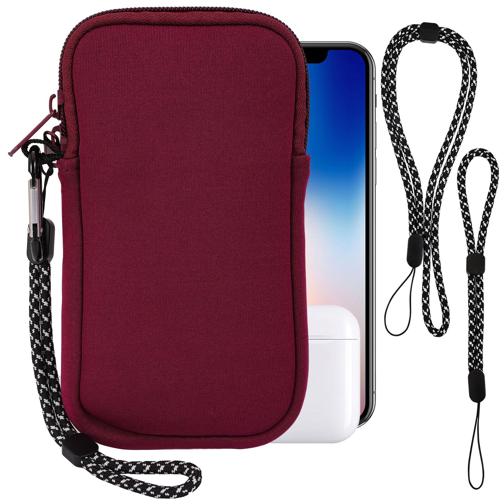 Pwsap Phone Sock, Universal Shock & Impact Resistant Neoprene Pouch with Carabiner and Lanyard Strap Sleeve Case for Hiking & Travelling Phone Bag Fits Phones up to 7 Inches, Wine Red, M