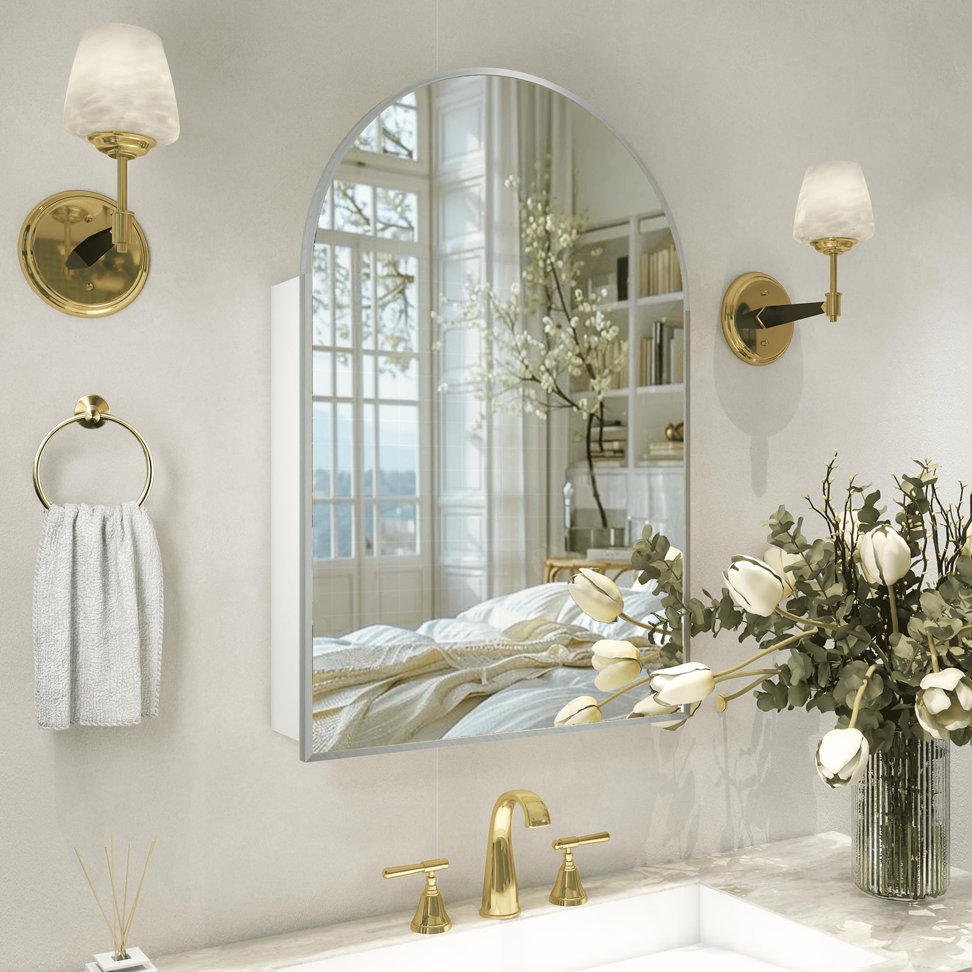 Photo 1 of *USED*
FUNFOLLOW Silver Medicine Cabinet with Mirror,Bathroom Arched Medicine Cabinet Wall Mounted, Modern Vanity Mirror with Storage,Bathroom Storage Cabinet with Adjustable Shelves,Not Recessed,24x36 Inch