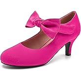 Enelauge Women's Bow Mary Jane Pumps Low Kitten Heels Round Toe Ankle Strap Wedding Office Work Dress Evening Party Shoes