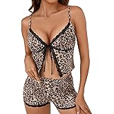 KIFOVEN Women’s Pajamas Set 2 Pieces Cami Crop Top Shorts Pjs Lace Trim Tie Front Sleepwear Lingerie Set