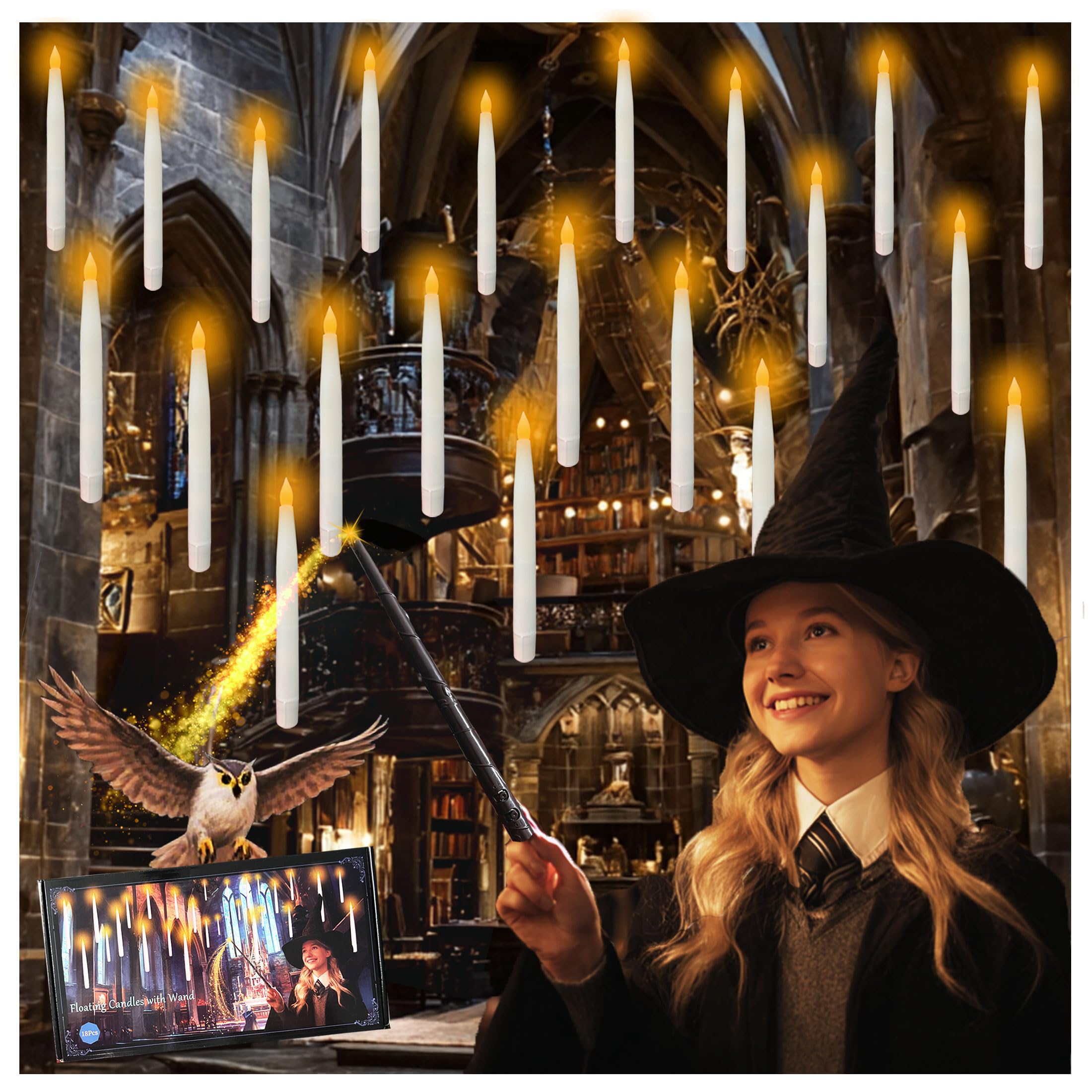 Photo 1 of ***MISSING PARTS*** QVAIVE 18Pcs Floating Candles with Magic Wand Remote, Battery Operated Flameless Taper Candles, Flickering Warm LED Light Window Candle for Halloween Decorations Christmas Wedding Party Decor