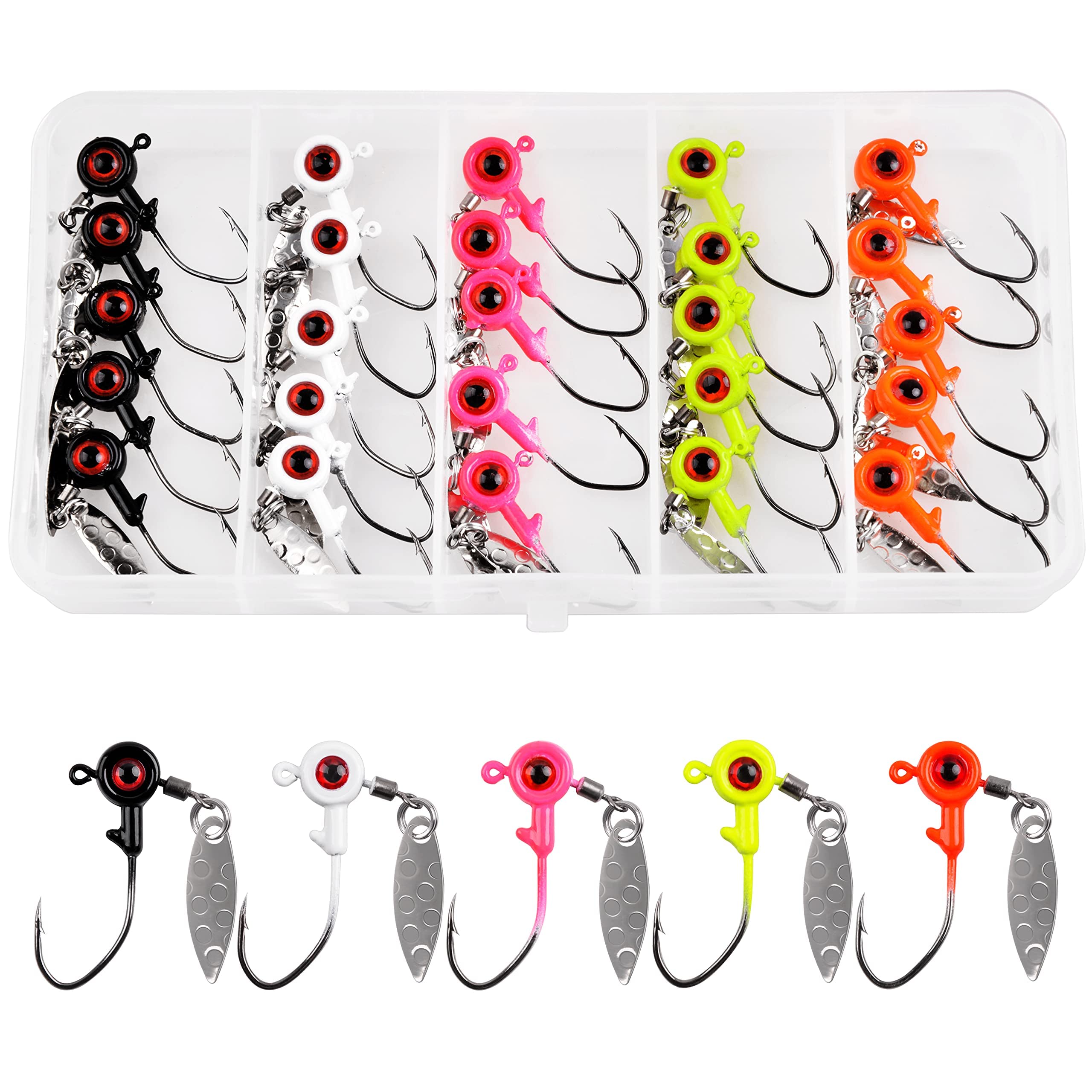 Crappie Jig Heads Fishing Hooks Kit,25pcs Underspin Lures Jig Head with Spinner Blade Eye Ball Painted Fishing Jigs for Bass Trout Saltwater Freshwater 1/16oz 1/8oz 3/16oz