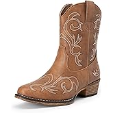 DREAM PAIRS Women's Cowboy Cowgirl Western Boots Embroidered Stitched Ankle Boots Square Toe Chunky Heel Fashion Short Booties with Zipper