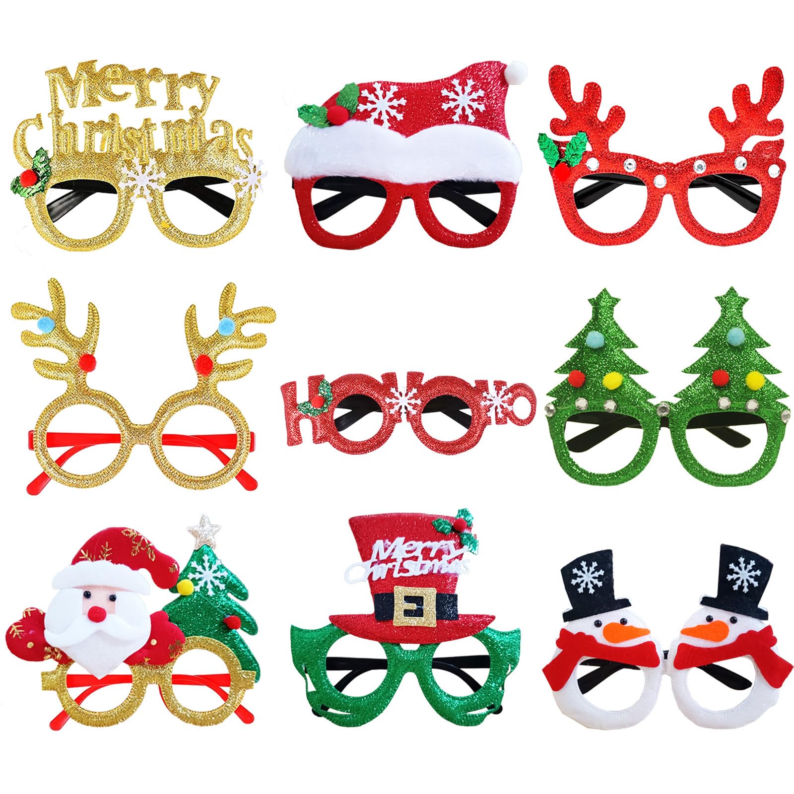 LMSHOWOWO 9 Pieces Christmas Glasses, Glitter Party Glasses Frame, Xmas Novelty Eyeglasses, Fancy Dress Costume Decoration, for Christmas Parties New Year Favors Photo Booth