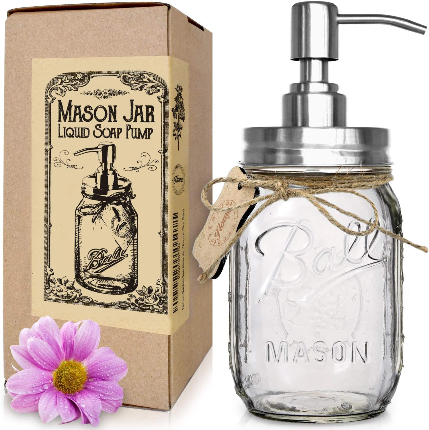 Rust Resistant, 304 18/8 Stainless Steel, Mason Jar Soap or Lotion Dispenser with Iconic Vintage Ball, 16 Ounce (Clear Glass) by Premium Home Quality
