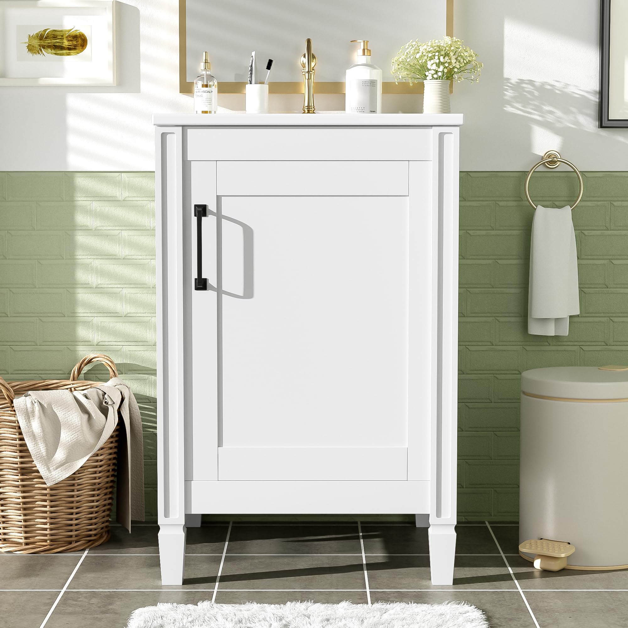 Photo 1 of ***It's used, it's missing a part, and it's not known if it works 100%.*** 20" Bathroom Vanity with Ceramic Sink, Soft Close Door, Adjustable U-Shaped Shelf, Door Storage Rack, White Modern Freestanding Storage Cabinet for Small Bathrooms