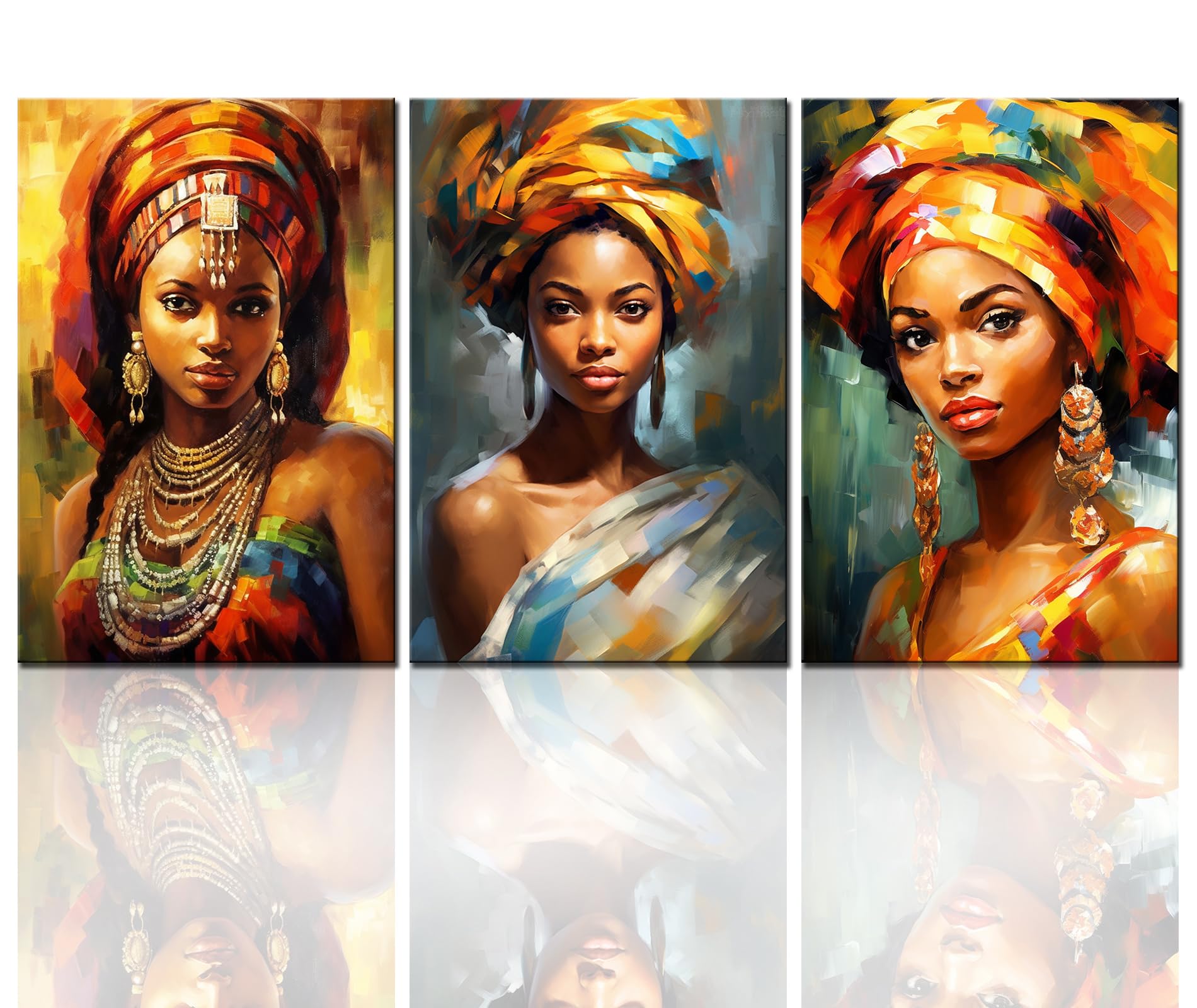 Tucocoo Contemporary Wall Art African Fashion Women Portrait Pictures Beautiful Black Girl Paintings 3 Panel Canvas Modern Artwork Home Decor for Living Room Wooden Framed Ready to Hang 48''Wx24''H