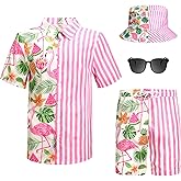 Harloon 4 Pcs Mens Hawaiian Shirt and Short Set Summer Beach Outfit Flamingo Print Tropical Suit with Bucket Hat Sunglasses
