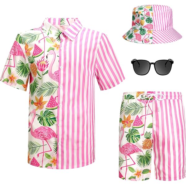 Harloon 4Pcs Men's Hawaiian Shirt And Short Set Casual Button