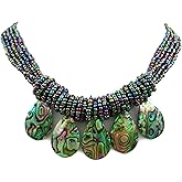 Swimmi Five Iridescent Natural Paua Abalone Pendant Beads Necklace Handmade Shell Jewelry CA401