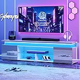 Lamtor TV-Stand for 85 Inch TV - Led TV Stand with Power Outlet, Modern Entertainment Center with Glass Shelf, High Glossy Gaming TV Media Console for Living Room, Light White