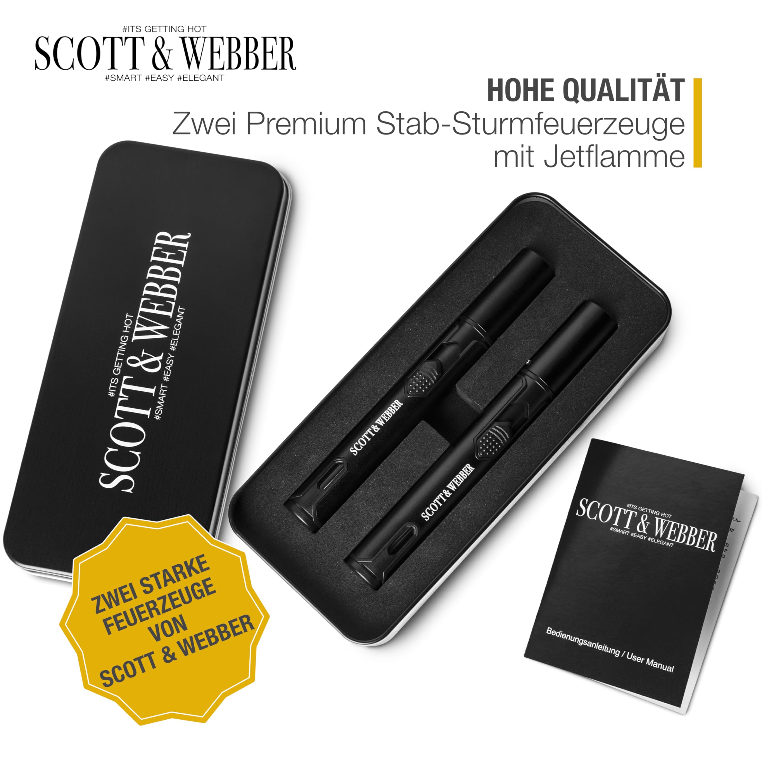 Scott & Webber® - Sturmfeuerzeug mit Jetflamme - 2 Stück Stabfeuerzeug Nachfüllbar Gas Feuerzeug aus Metall - Inkl. edler Metall Geschenkverpackung (Ohne Gasinhalt) 2