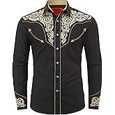 DIFICIL SLOG Men's Western Cowboy Shirt Embroidered Long Sleeve Casual Button Down Shirt