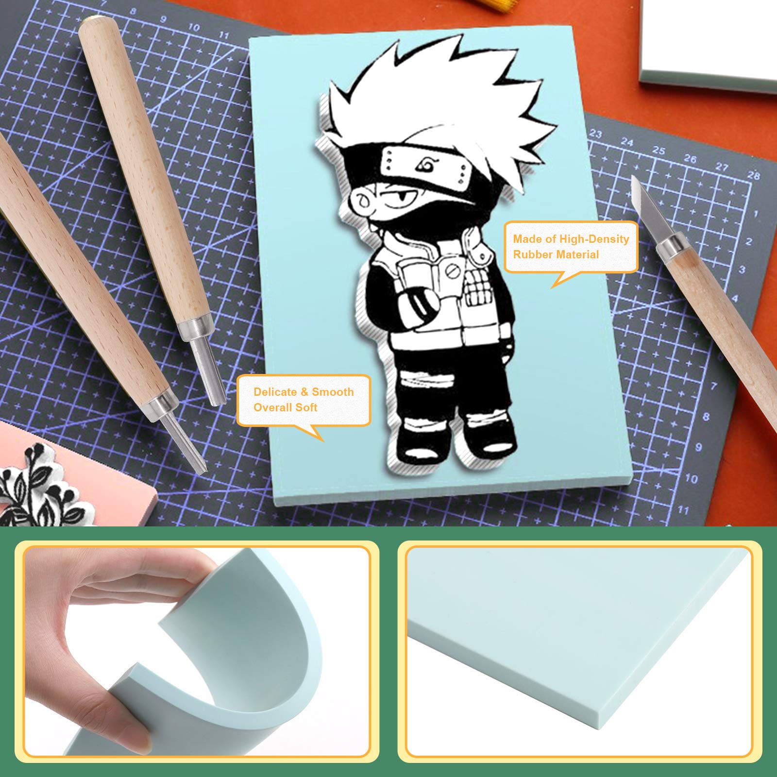 Keadic 24 Pieces Rubber Block Stamps Carving Starter Tool Kit, Comes with Stamp Block, Ink Roller, 6 Carving Tools, Tracing Papers, Pencil & Ink Mixing Tray for Stamp Carving and Printmaking