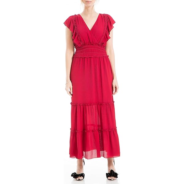 Max Studio Women's Long Sleeve V Neck Tiered Maxi Dress, Cream/Pink Floral  Clover Field, Large at Amazon Women's Clothing store