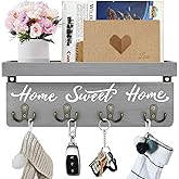 buways Key Holder Wall Mount with 8 Hooks and Cozy Home Sign (Gray) | Solid Wood, Floating Shelf for Keys, Mail, and Daily Essentials in Entryways, Hallways or Home Decor