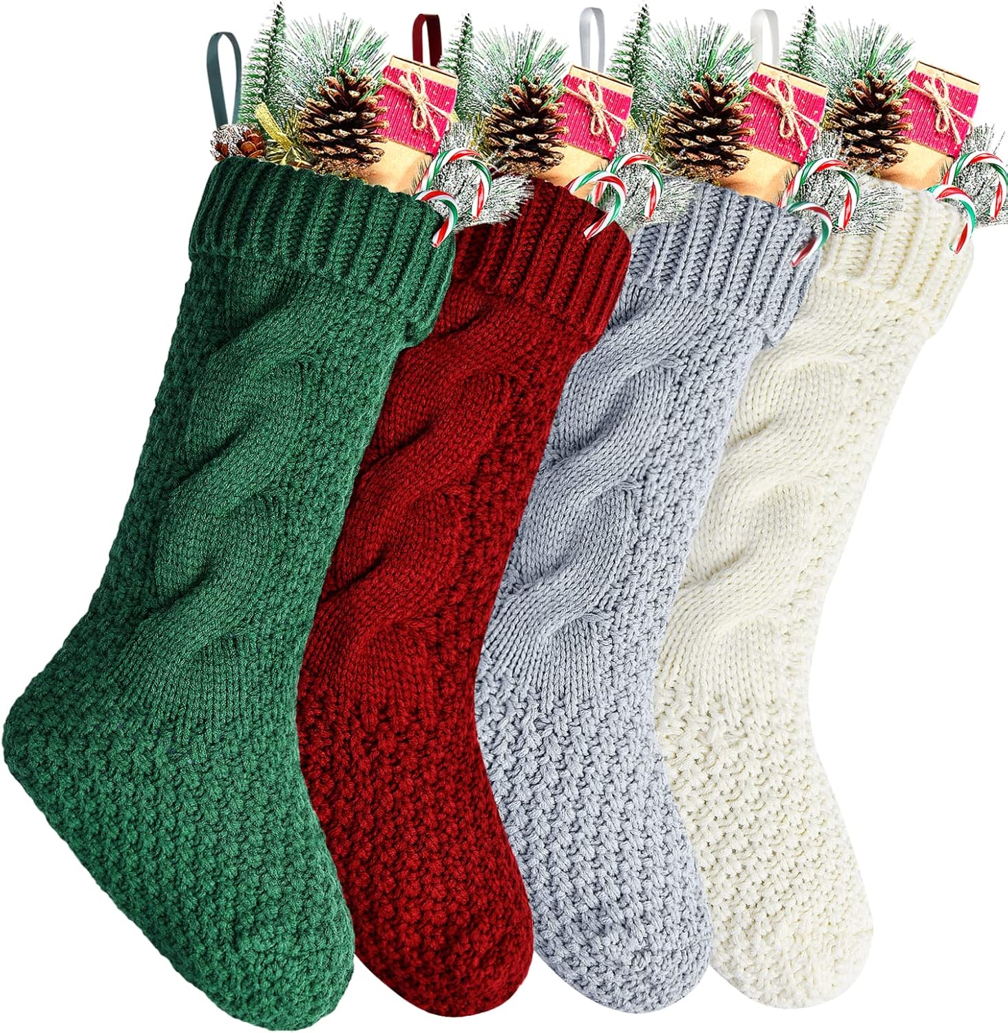 Stockings & Holders - Kunyida Pack 4,18 Inches Unique Burgundy Green Ivory Grey Knit Christmas Stockings
