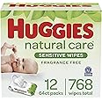 Baby Wipes, Huggies Natural Care Sensitive Baby Diaper Wipes, Unscented, Hypoallergenic, 12 Flip-Top Packs (768 Wipes Total)